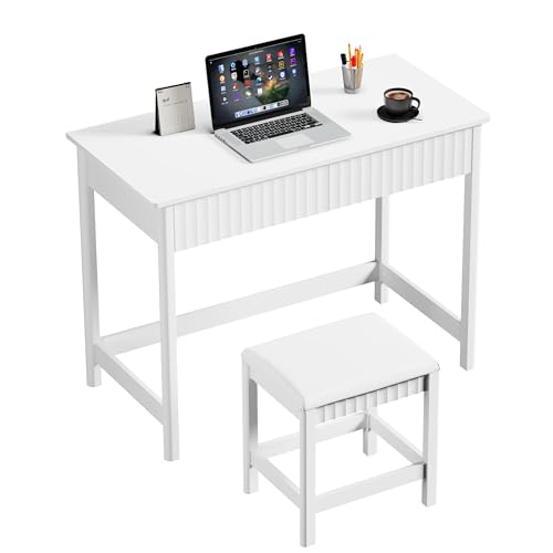 ChooChoo 40 Inch Modern Desk with Drawers, Makeup Vanity Desk with Padded Stool, Small Home Office Desk for Bedroom, White ChooChoo
