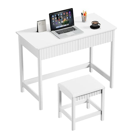 ChooChoo 40 Inch Modern Desk with Drawers, Makeup Vanity Desk with Padded Stool, Small Home Office Desk for Bedroom, White ChooChoo