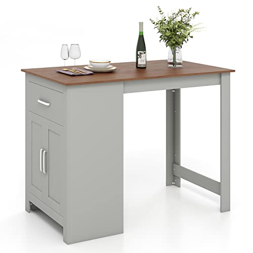 COSTWAY Light Grey Counter Height Dining Table with Drawer and Adjustable Storage Shelves - WoodArtSupply