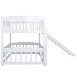 Merax Twin Over Twin Bunk Bed with Slide, Low Bunk Bed Frame with Convertible Ladder & Detachable Fence, Solid Pine Wood Structure for Bedroom, White Merax