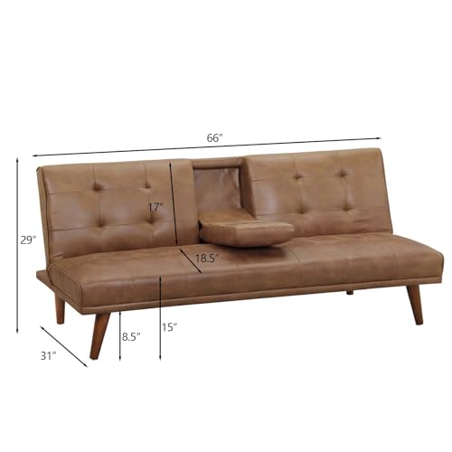Anwick 66" Futon Sofa Bed with Cup Holders, Modern Brown Leather Loveseat for Living Room, Convertible 2 Seater Sleeper Sofa Couch for Small Compact, Office, Apartment Anwick