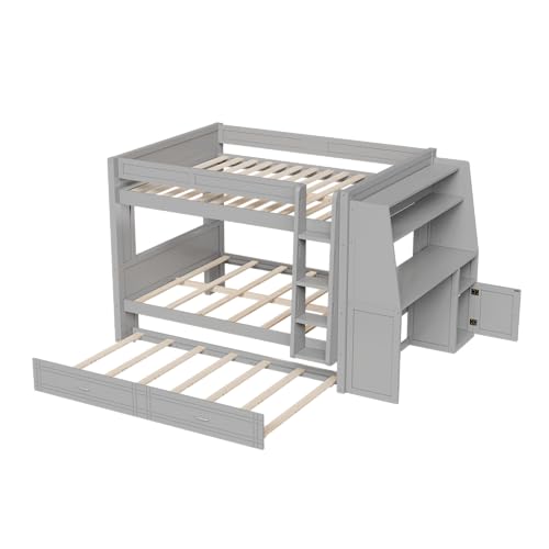 CKLMMC Full Size Multifunctional Bunk Bed with Desk and Bookshelves, Trundle, Space-Saving Wooden Bunk Bed for Kids & Teens (Gray/T) CKLMMC