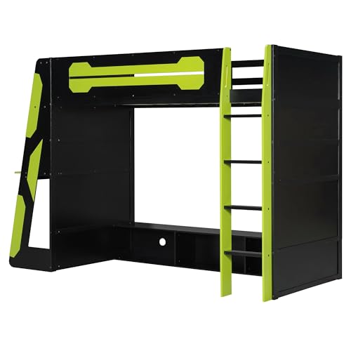 SOFTSEA Twin Gaming Loft Bed with Desk & RGB Lights, Wood Loft Bed Frame with Storage Shelves & Charging Station, Twin Size Gaming Bed for Teens & Kids Bedroom, Green SOFTSEA