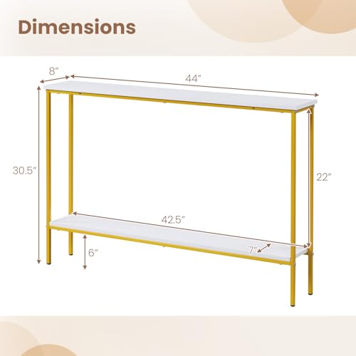 Giantex 44" Gold Console Table with Shelf, Narrow Long Entryway Table with Dual Anti-Tipping Kits & Metal Frame, 2-Tier Sofa Table Behind Couch, Hallway Table for Living Room, Entrance, Foyer Giantex