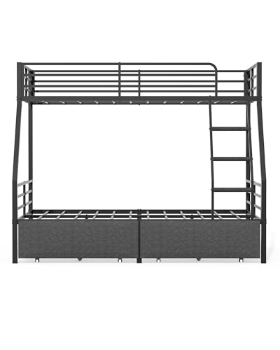 Mixcous Bunk Beds Twin Over Full Size, Heavy Duty Bunk Beds with 2 Storage Drawers, Safety Guardrails & Padded Ladder, Twin Over Full Bunk Bed, No Box Spring Needed, Black Mixcous