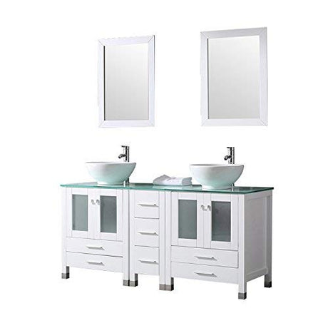 wonline 60" White Double Wood Bathroom Vanity Cabinet and Round Ceramic Sink w/Mirror Combo Wash Basin with Faucet (Round Bowl) wonline