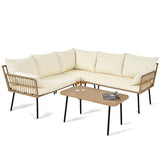 YITAHOME 4 Pieces Patio Furniture Set, Outdoor Rattan Woven Conversation Sectional L-Shaped Sofa with 5 Seater for Backyard, Porch, Boho Detachable Lounger with Cushions and Side Table - Beige YITAHOME