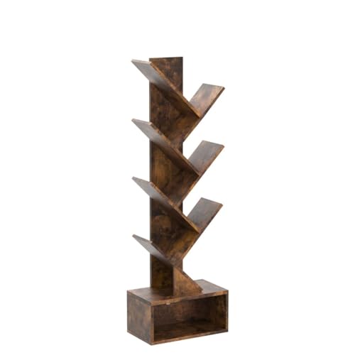 Hoctieon Rustic Brown 6-Tier Tree Bookshelf with Drawer - Stylish Freestanding Storage Solution for Home & Office - WoodArtSupply