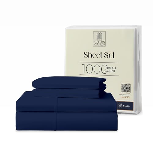 Kotton Culture 4 Pc Full Sheet Set - 1000 Thread Count 100% Egyptian Cotton Premium Hotel Luxury Bedding - Sateen Weave Soft Cooling Durable Bedsheet - 16" Deep Pocket Sheets - Navy Blue Kotton Culture