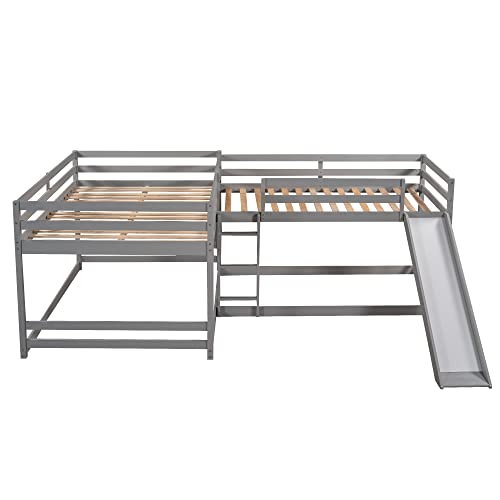 Quad Bunk Beds with Slide, L Shape Bunk Bed Compatible with 4, Full Over Full Bunk Bed & Twin Over Twin Bunk Bed, Wood Corner Bunk Beds Compatible with Boys Girls Teens (4 Beds, Gray) ，Queen Bed TMAXX