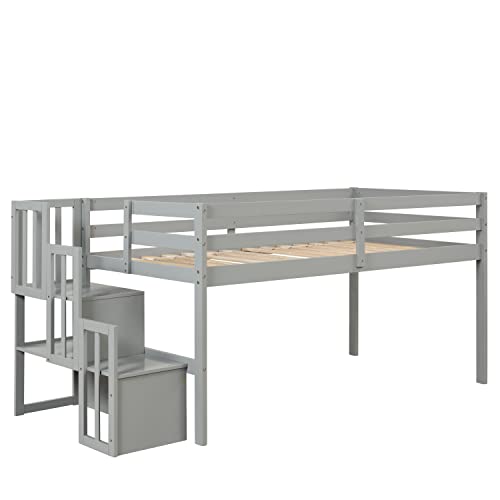 PVWIIK Twin Low Loft Bed with Staircase and Guardrail for Girls,Boys - Pinewood Frame,Grey PVWIIK