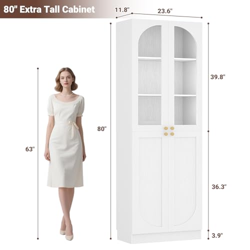 Cyclysio 80" Kitchen Pantry, Tall Arch Storage Cabinet with Tempered Glass Doors, Freestanding Wood Floor Cupboard Bookcase with Seamless Fit Wall for Dining Room, Living Room, Bathroom (White) Cyclysio