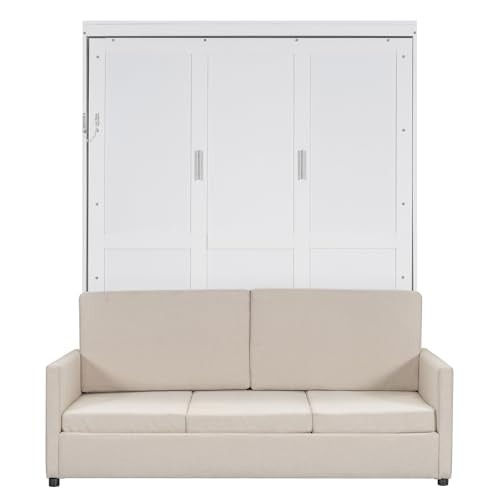 LZ LEISURE ZONE Queen Size Murphy Bed, Wooden Queen Murphy Wall Bed with Cushion and Sofa, for Home Office or Small Room, White LZ LEISURE ZONE