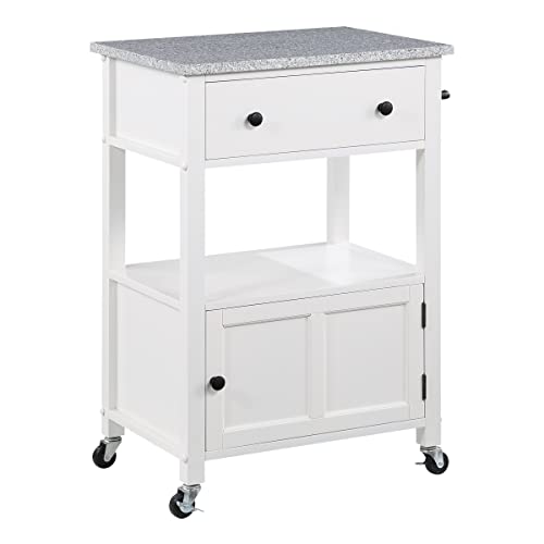 OSP Home Furnishings Fairfax Kitchen Cart with Granite Work Top and Extra Storage Drawer and Cabinet, White