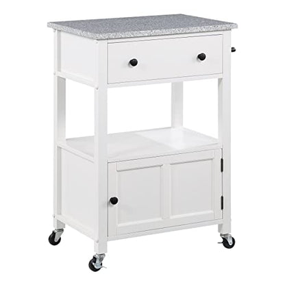 OSP Home Furnishings Fairfax Kitchen Cart with Granite Work Top and Extra Storage Drawer and Cabinet, White