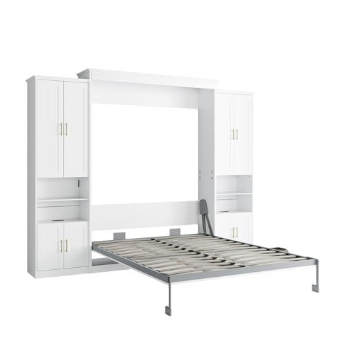 Rophefx Murphy Bed Queen with 2 Side Cabinet Storage Shelves, Queen Wall Bed Cabinet with USB Port, Wood Foldable Platform Bed Frame, Space Saving Beds, Modern Hidden Bed for Guest Room, Home, White Rophefx
