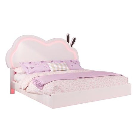 AMERLIFE Floating Full Bed Frame with Adjustable RGB LED Headboard, Leather Upholstered Platform Bed for Kids/Girls,Wood Slats Support, No Box Spring Needed, Easy Assembly, White AMERLIFE
