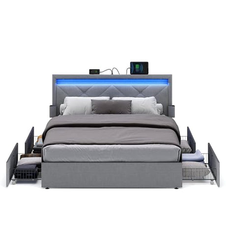 VASAGLE LED Bed Frame Queen Size, Queen Bed with Headboard and 4 Drawers, 1 USB Port and 1 Type C Port, Adjustable Upholstered Headboard 36.7/39.3 Inches, No Box Spring Needed, Light Gray URMB821G01 VASAGLE