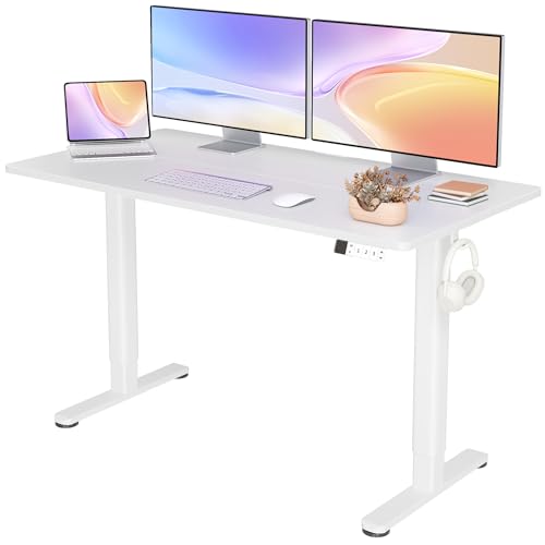 Seang Electric Height Adjustable Standing Desk, 55 x 24 Inch Sit-Stand Desk with T-Shaped Frame, 3 Memory Presets & Cable Management for Home Office Computer Workstation, White Frame/White Top Seang