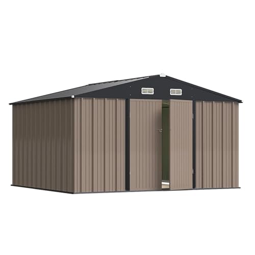 Greesum 10×8 FT Outdoor Storage Shed, Metal Storaged Sheds Without Floor, Tool Sheds with Lockable Doors and Slooping Roof for Garden, Patio, Backyard, Brown Greesum