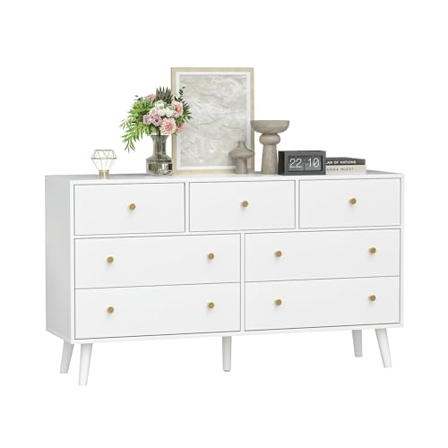 SINROM 55” White Dresser, 7 Drawer Dresser for Bedroom with Wide Drawers and Gold Knobs, Wood Dressers & Chests of Drawers SINROM