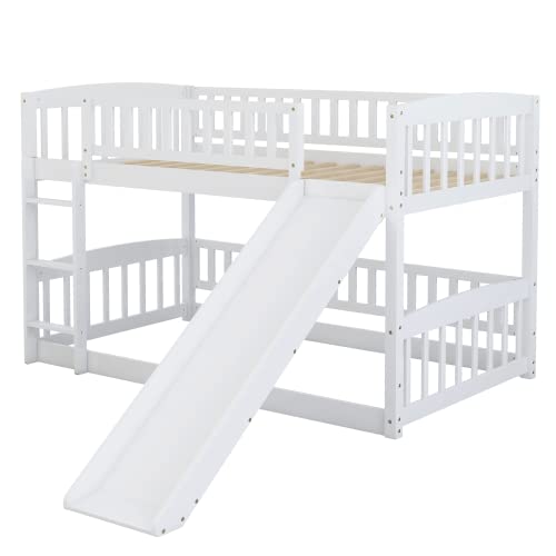 Merax Twin Over Twin Bunk Bed with Slide, Low Bunk Bed Frame with Convertible Ladder & Detachable Fence, Solid Pine Wood Structure for Bedroom, White Merax