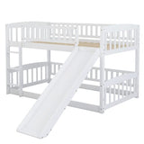Merax Twin Over Twin Bunk Bed with Slide, Low Bunk Bed Frame with Convertible Ladder & Detachable Fence, Solid Pine Wood Structure for Bedroom, White Merax