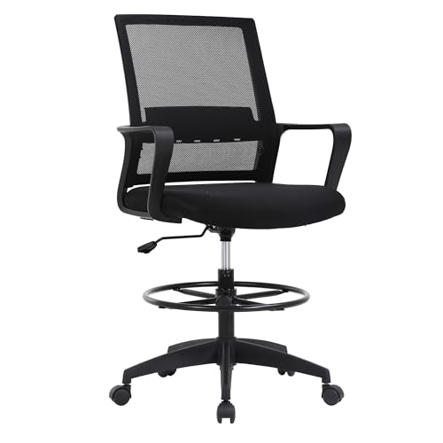 BestOffice Drafting Chair Tall Office Chair Adjustable Swivel Rolling Mesh Height with Lumbar Support Arms Footrest Mid Back for Adults Standing Desk Drafting Stool(Black) BestOffice
