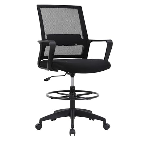 BestOffice Drafting Chair Tall Office Chair Adjustable Swivel Rolling Mesh Height with Lumbar Support Arms Footrest Mid Back for Adults Standing Desk Drafting Stool(Black) BestOffice