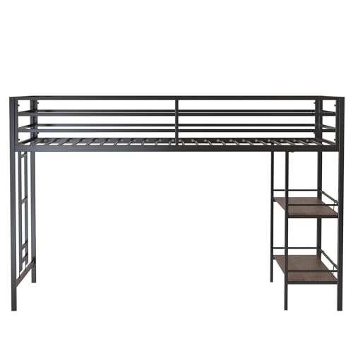 LOPOO Twin Loft Bunk Bed with Cinnamon Wood Shelf and Black Metal Frame - Stylish Space-Saving Solution for Kids - WoodArtSupply