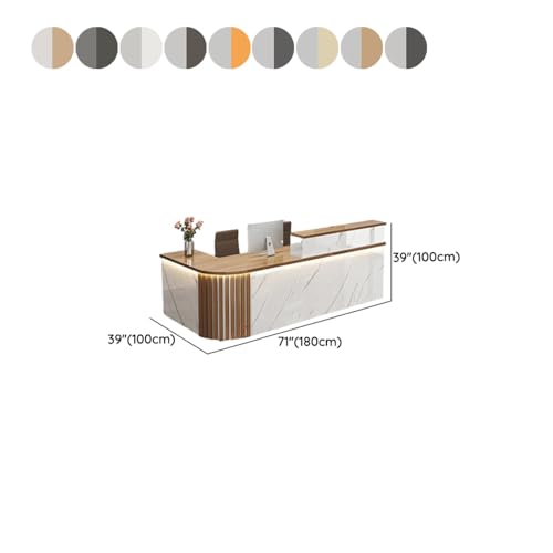 LITFAD L-Shape Computer Front Desk Manufactured Wood Reception Desk with Hutch, Cable Management and Keyboard Tray, Modern Checkout Counter for Office, Beauty Salon, Right Corner - White/Orange LITFAD