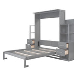 Ball & Cast Wall Bed Queen Size Murphy Beds with 2 Four-Layer Shelves and 4 Drawers,Wood Storage Hideaway Cabinet w/LED Lights,Space-Saving for Home Office,Study,Guest Room,Gray Ball & Cast