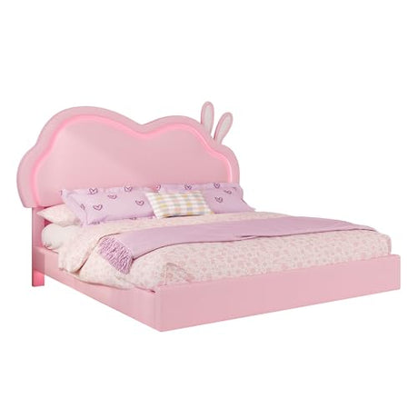 AMERLIFE Floating Queen Bed Frame with Adjustable RGB LED Headboard, Leather Upholstered Platform Bed for Kids/Girls,Wood Slats Support, No Box Spring Needed, Easy Assembly, Pink AMERLIFE