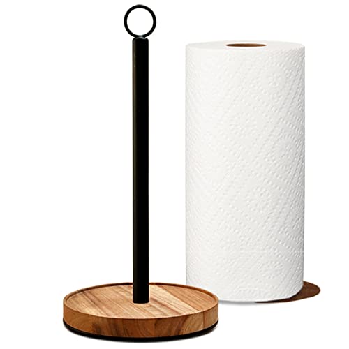 WILDMOS Paper Towel Holder Countertop,Solid Acacia Wood with Thick Metal Base,Black Paper Towel Holder for Farmhouse Kitchen,Wooden Paper Towel Holder Stand. - WoodArtSupply