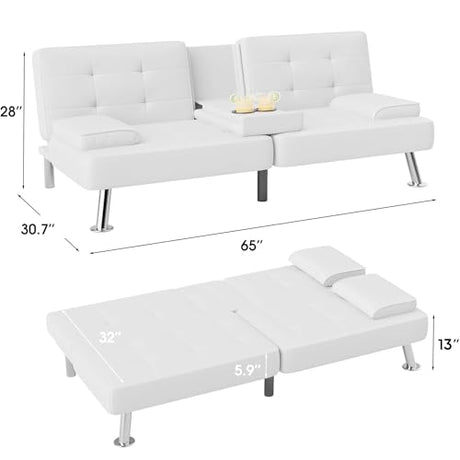 Flamaker Futon Sofa Bed Modern Folding Futon Set PU Leather Convertible Recliner Lounge for Living Room with 2 Cup Holders, Removable Armrests (PU Leather, White) Flamaker