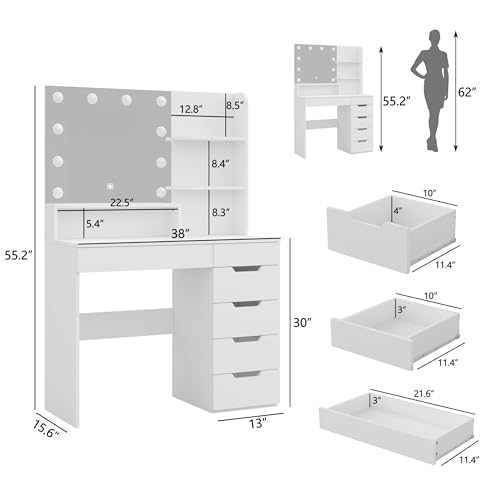Diwnnue Vanity Desk with LED Lighted Mirror, Makeup Vanity Table Set with 6 Drawers, Adjustable Lights, Hidden Wiring, Dressing Table for Bedroom, White Diwnnue