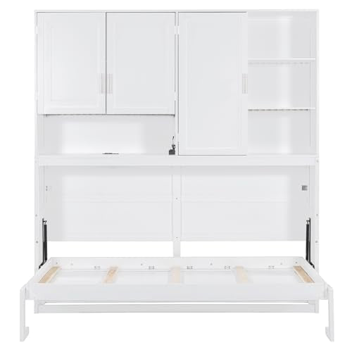 SOFTSEA Twin Murphy Bed with Storage Bookcase and Shelves, Space-Saving Horizontal Wall Bed with LED Light & Charging Stations for Small Spaces, Living Room, Guest Room, Bedroom, Office, White SOFTSEA