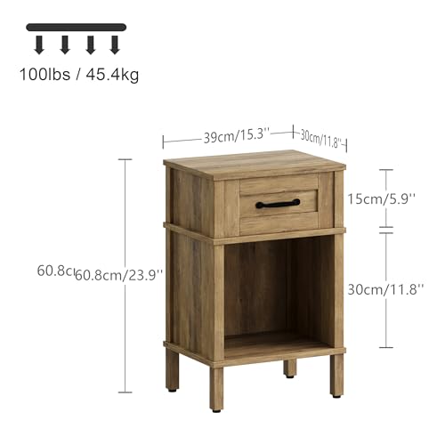Farmhouse Nightstand with Drawer, Small Wood Bedside Table, Small Rustic Side Table, Modern End Table with Drawer, Wooden Walnut Brown Night Stand for Bedroom LET512DR YAUKTAK