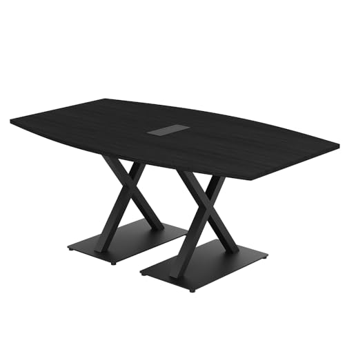 SKUTCHI DESIGNS INC. 7 Ft Small Boat Shaped Conference Table with Power and Data Module | Harmony Series | Matte Black X Base | Black Cypress SKUTCHI DESIGNS INC.