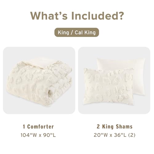 Intelligent Design King Comforter Set Chenille Tufted Animal Print Pattern Comforters King Size, All Season Fluffy Bedding Soft Microfiber Reverse, Larissa, King/Cal King Off-White 3 Piece Intelligent Design