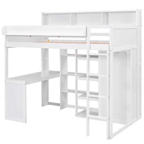 Twin Size Loft Bed with Wardrobe, Desk, and Storage by Harper & Bright Designs in White Finish - WoodArtSupply