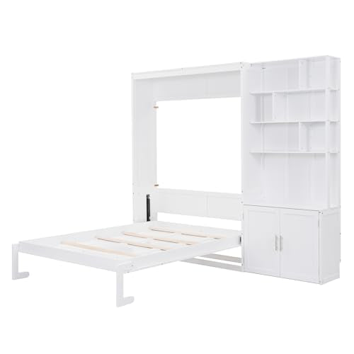 HABITRIO Full Size Murphy Bed, Wooden Full Murphy Wall Bed with Multiple Storage Shelves and A Cabinet, White HABITRIO