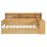 Bellemave Full Corner Bed Frame with Storage Shelves and Desk, Wood Full Size Daybed with Bookcase and Drawers, Natural Bellemave