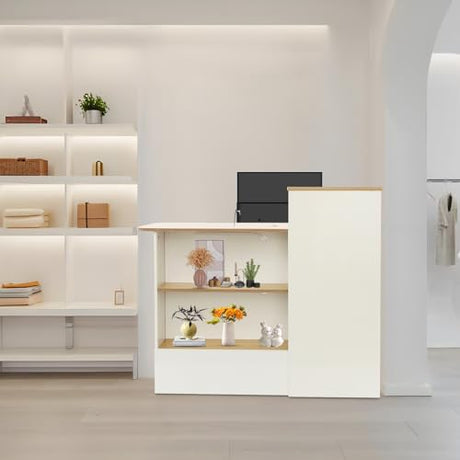 47In Reception Desk with LED Lights, L-Shaped Modern Front Table Reception Room Table with Cable Grommet & Lockable Drawers, Retail Checkout Counter for Lobby Salon Office AngelcityCC