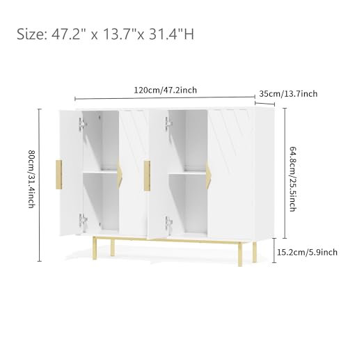 VAXZOFI Sideboard Buffet Cabinets with Storage, Accent Storage Cabinets with Fluted Doors, Gold Metal Handle and Legs, Wood Console Table Credenza for Living Room, Entryway, White VAXZOFI