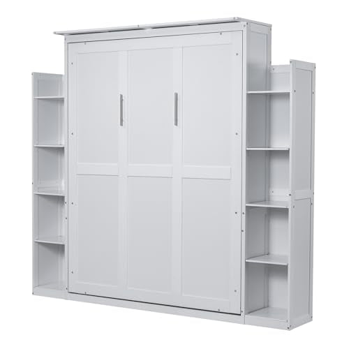 Ball & Cast Queen Size Murphy Bed Wall Bed with Shelves and LED Lights,can be Folded,Hideaway Cabinet Bed Frame W/ 2 Five-Layer Cabinets,Slat Support,for Apartment,Bedroom,Guest Room,White Ball & Cast