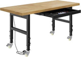 Pelnuies 60" Work Bench with Wheels, Adjustable Height Workbench with Drawers, Heavy-Duty Thick Wood Work Table with Power Outlets, 2000 LBS Capacity Workstation for Garage, Workshop, Office, Home Pelnuies