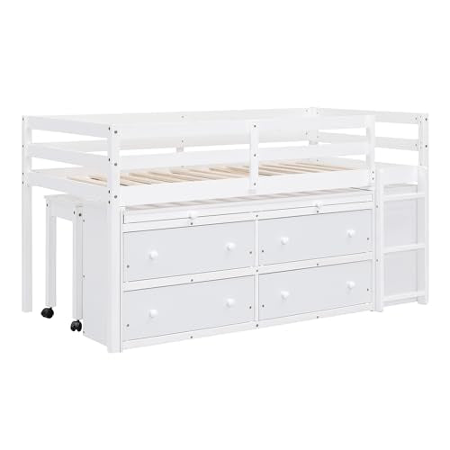 Ball & Cast Twin Size Loft Bed with Retractable Writing Desk & 4 Drawers,Wooden Bedframe W/Lateral Portable Desk & Shelves,Space Saving,Easy Assembly,Study Room Bedroom Set for Boy Girl Keens,White Ball & Cast