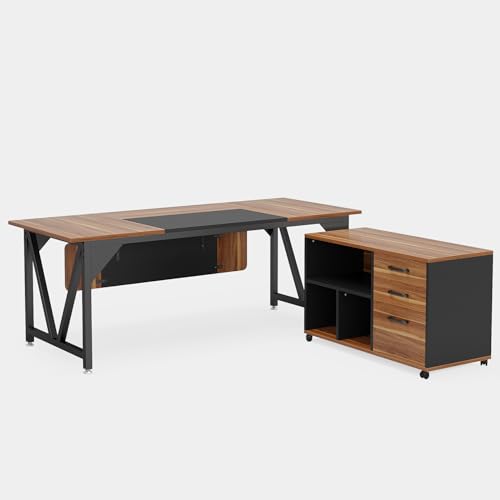 LITTLE TREE 70.8" Executive Desk with 35.4" File Cabinet, L-Shaped Computer Desk, Wood Office Desk for Home Office - WoodArtSupply