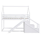 Merax House Shaped Junior Bunk Bed Frame Twin Over Twin with Slide and Storage Stairs, Wood Low Bunkbed with Full-Length Guardrails and Roof Design for Teens, Boys, Girls, No Box Spring Needed, White Merax